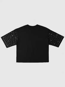 ROMWE MEN Street Life 男士街头生活宽松短袖 T 恤，带闪光水钻刺绣设计 - 黑色 - 查看 8