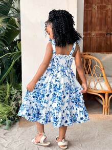 SHEIN Leap Crew Young Girl Ditsy Floral Ruffle Trim Suspender Tween Dress - Blue and White - View 2