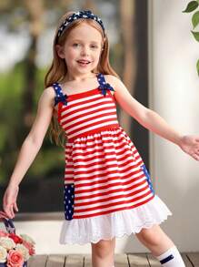 SHEIN Baby Girls' Casual Simple Comfortable Stripe Color Block Pocket Bow Decor Dress - Red - View 3