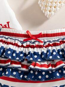2pcs/Set Baby Girl Cute Letter Embroidery Fly Sleeve Romper And Striped Polka Dot Bow Shorts Set, Summer , 4th Of July Outfit - White - View 7