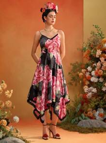 Frida Kahlo X SHEIN X Designer TIYA Floral Printed Satin Lace Inserts Asymmetric Hem Midi Dress Women Summer Dress Vacation Outfits