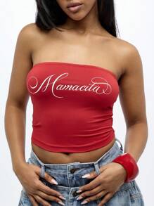 SUMWON WOMEN Mamacita Script Logo Bandeau Tube Top Form Fitting Strapless Stretch Club Party Festival Summer Spring