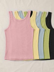 SHEIN LUNE 5pcs Women Basic Ribbed Knit Tank Top, Casual Summer , Basic Tops - Multicolor - View 2