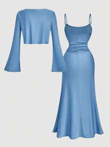 SHEIN MOD Conjunto de 2 piezas de talla grande en azul, compuesto por cárdigan y vestido midi para mujer - Azul - Ver 2