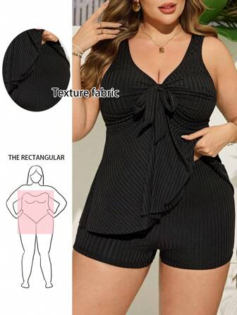 SHEIN Swim Curve 加大码女式罗纹上衣，蝴蝶结和荷叶边下摆，搭配低腰下装，奢华沙滩泳衣套装