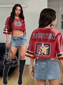 Coolane 女士夏季V领宽松字母印花短袖休闲T恤 - 紅色 - 查看 2