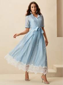 Anewsta 女式透明不对称下摆长裙，镂空短袖设计 - 藍色 - 查看 4