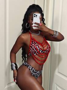 BamGleam 2pcs/Set Leopard & Striped Halter Neck Backless Sexy Bikini Swimsuit Set For Women, Spring/Summer - Multicolor - View 7