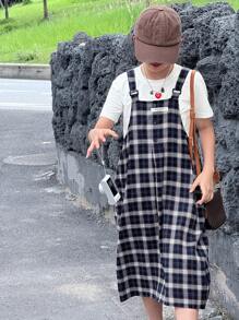 DAZY 2 件套青少年女孩圆领针织短袖 T 恤 + 编织格子连衣裙套装，秋季服装，返校服装 - 黑色 - 查看 8