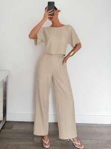 Siren Gaze Set de 2 piezas de traje casual de mujer con camisa de unicolor y pantalones plisados, ropa casual de negocios, ropa de trabajo para mujeres, conjunto de atuendo para maestras, conjuntos casuales de 2 piezas para mujer - Albaricoque - Ver 4