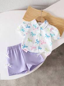 SHEIN Baby Girls' White Summer Cute Family Matching Korean Fashion Puff Sleeve Digital Print Bowknot Woven Shirt & Solid Color Bowtie Shorts 2Pcs Outfit - Purple - View 5
