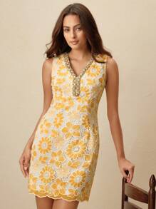 Anewsta Women's Boho Floral Dress Yellow Sleeveless V-Neck Woven Mini Dress With Gold Embellished Detailing Perfect For Summer - Yellow - View 6