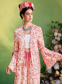 Frida Kahlo X SHEIN X Designer The Perfect Party Floral Print Contrast Bow Flared Long Sleeves Women Blouse Summer Vacation Beach Kimono - Multicolor - View 5