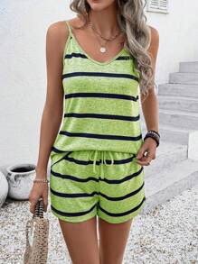 EMERY ROSE Bộ 2 món áo hai dây kẻ sọc thường ngày mùa hè dành cho nữ và quần short - màu xanh lá - Xem 3
