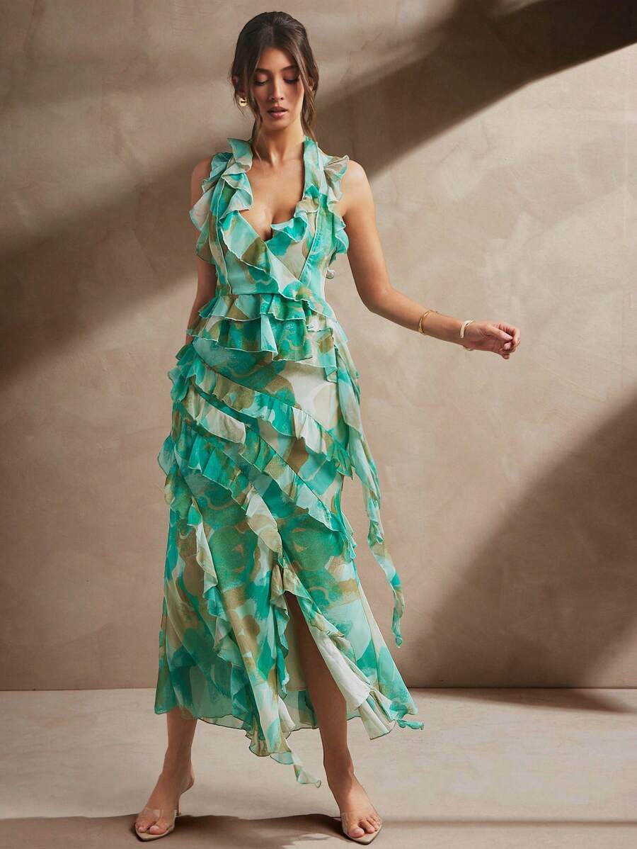 L'Amorae Women's Summer Print Elegant Ruffle Split Maxi Skirt - Green - View 1