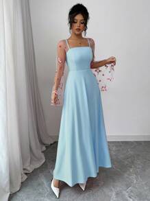 Elenzga 女式刺绣网眼拼接喇叭袖连衣裙 女式长款服装 - 藍色 - 查看 4