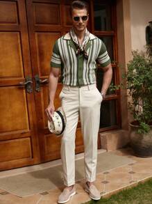 Manfinity Homme Áo len dệt kim kẻ sọc cổ ve màu sắc mùa hè cho nam - xanh quân đội - Xem 4