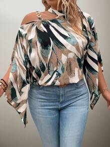 Flouryn Plus Size Women's Random Print Simple Daily Shirt One Shoulder Top - Multicolor - View 5