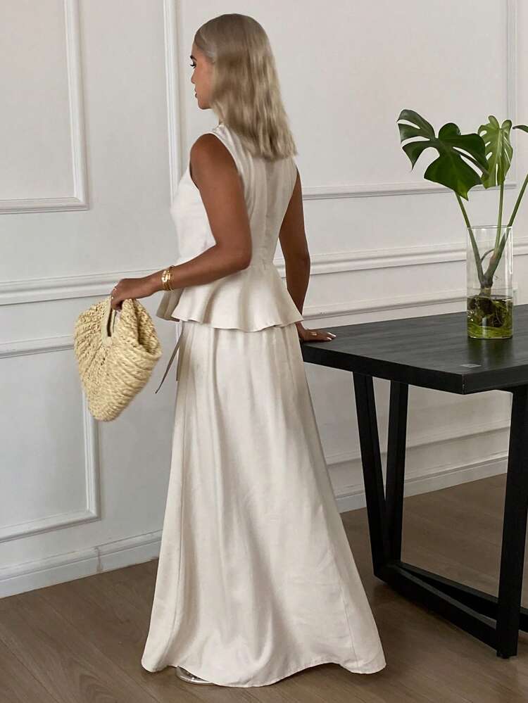 2pcs/Set Women's Summer Round Neck Beaded Decor Cinched Waist Ruffle Hem Skirt Set Linen