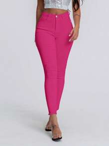 SHEIN SXY Plain Pocket Skinny Casual Jeans, Versatile Fit For Summer Hot Pink Jeans Pink Jeans For Women Skinny Jeans Women Pink Jeans Pink Jeggings
