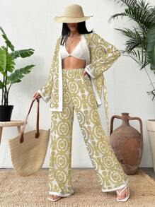 SHEIN Cottnline 2pcs/Set Totem Retro Print Kimono Cardigan And Wide Leg Pants - Yellow - View 3