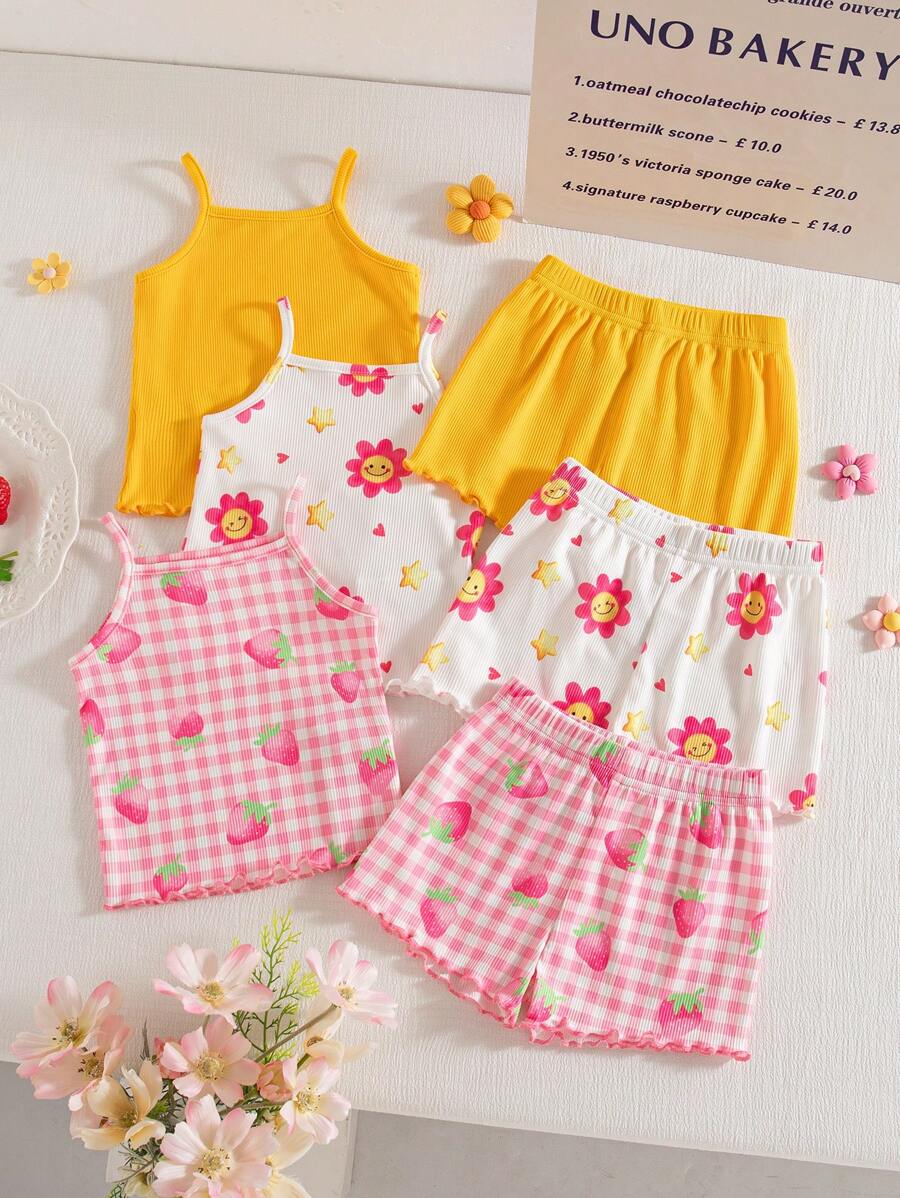 SHEIN Playful Pals 6件套女童夏季甜美可爱上衣短裤套装，多件装，舒适百搭的女童夏季服装