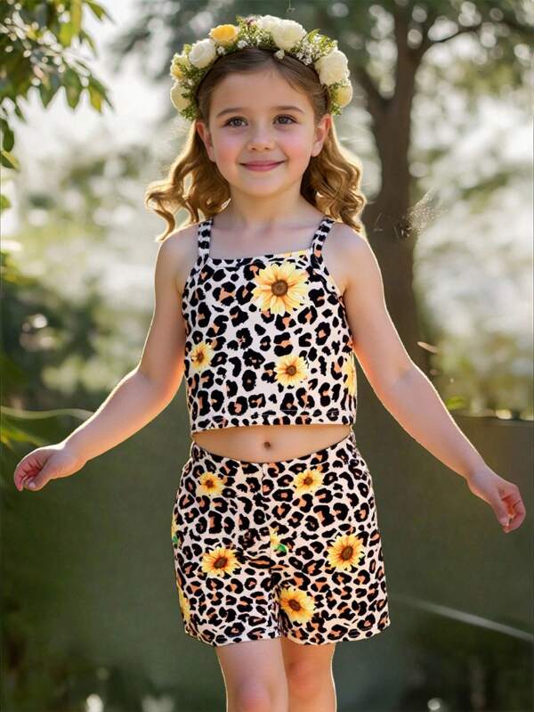 SHEIN Top și pantaloni scurți pentru fetiță cu imprimeu leopard și floarea soarelui