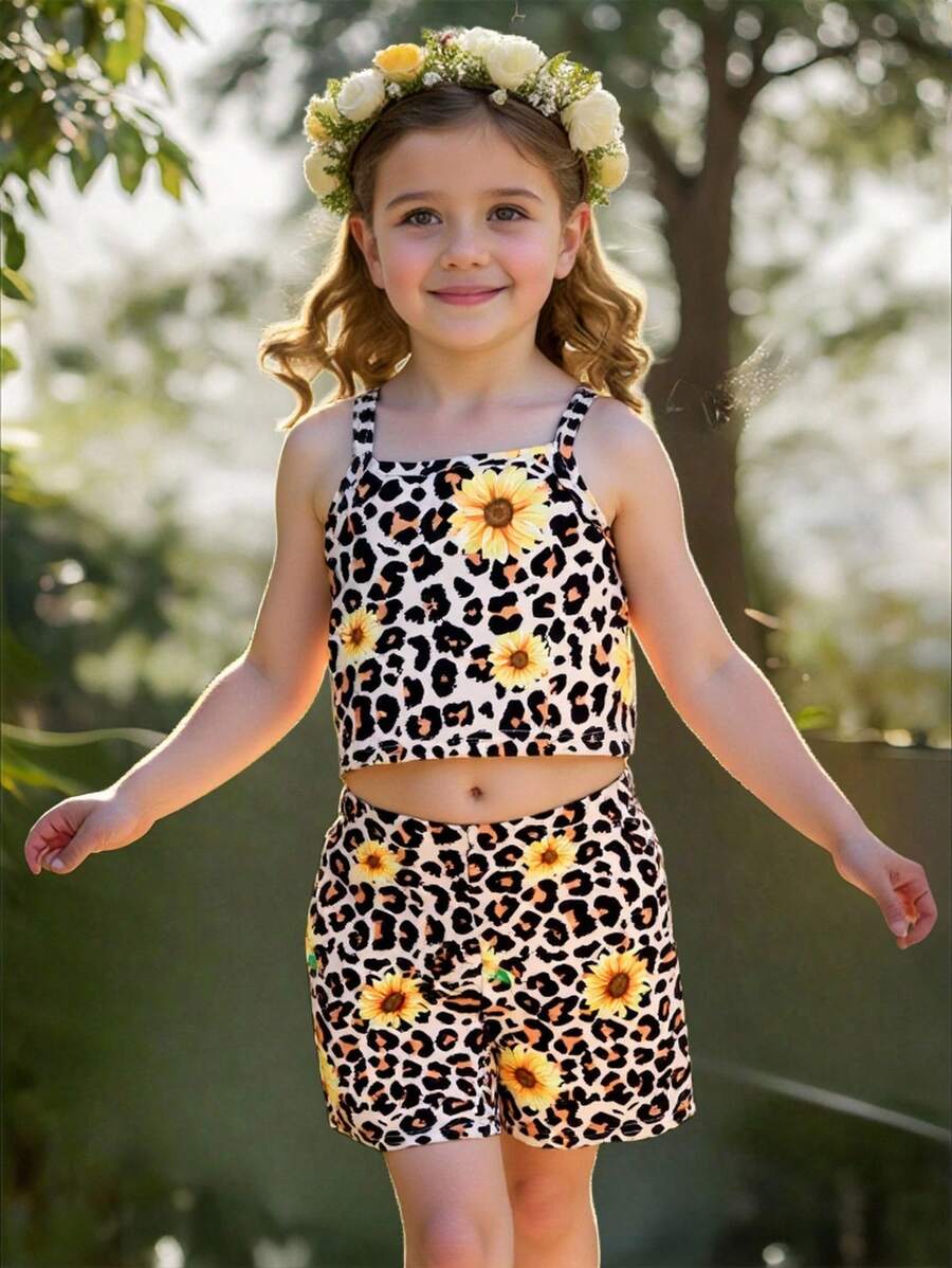 SHEIN Young Girl Leopard & Sunflower Print Cami Top & Shorts - Multicolor - View 1