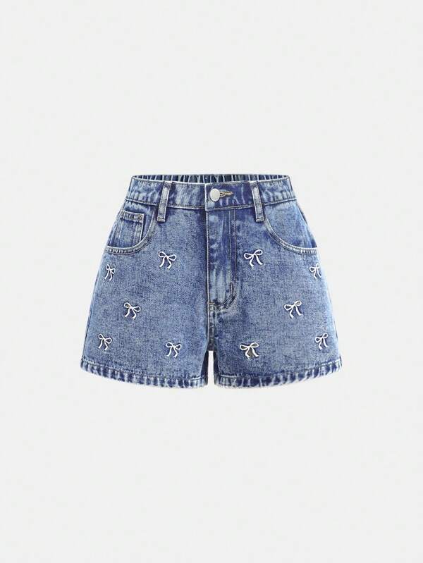 SHEIN Girlism Letnie, swobodne, luźne, dżinsowe szorty dla nastolatek z falbankami i kokardką, z przetarciami i haftem, letnie, koncertowe, festiwalowe, rave'owe, letnie, brunchowe, kościelne, na zakończenie roku szkolnego, streetwearowe, na powrót do szkoły