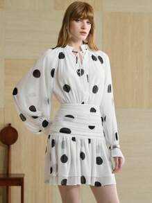 Aveloria Women's Short Style Big Wave Polka Dot Waist Slimming Chiffon Dress Simple Elegant Dress Cute Style Long Sleeved Dress White Autumn Women's Clothing, All White Party Outfit Women Fall Cloth For Women - White - View 3