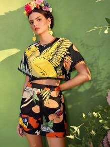 ISELACOS Frida Kahlo X SHEIN X Designer 花卉和昆虫印花高腰卷边后背弹力短裤，女士夏季短裤 - 彩色 - 查看 7