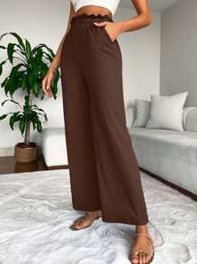 EURMUSE 2pcs Plain Brown + Black Simple Straight Leg Wide Leg High Waisted Flowy Women Pants - Brown - View 3