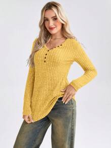 SHEIN LUNE Camiseta casual de mujer de manga larga con cuello en V y botones de unicolor para el otoño