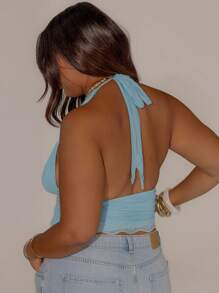 Aralina Top estivo da donna con collo alla halter, arricciato, con dettagli in pizzo, aderente, adatto a taglie curvy - Blu - Visualizzare 6