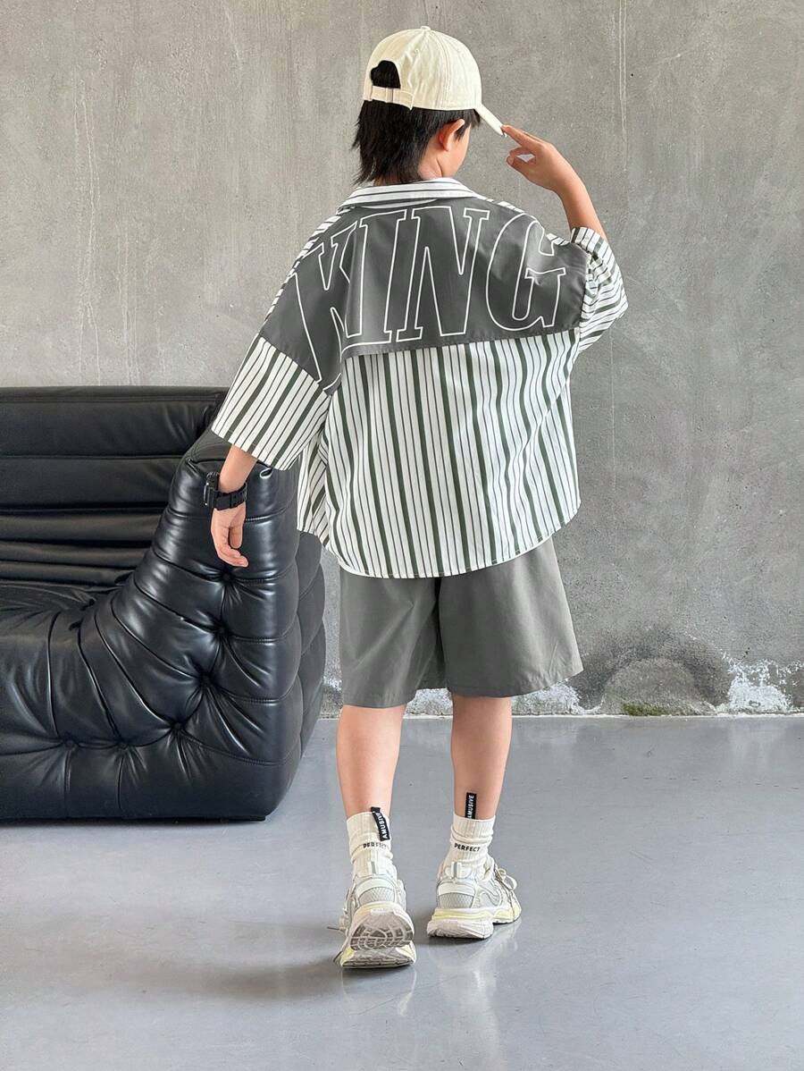SHEIN 2-Pack Tween Boy Casual Sports College Artistic Style Retro Japanese And Korean Loose-Fitting Striped Lapel Shirt With Large Letter Pattern And Shorts Suit Suitable For Kids Outfits Toddler Boy Clothes Back To School Boys Set Suitable For Birthday Parties, Evening Parties, Performances, Weddings, Baptisms, Opening Ceremonies Daily Suitable For Daily Use Suitable For School Suitable For Travel Suitable For Sports Suitable For Spring And Summer Seasons