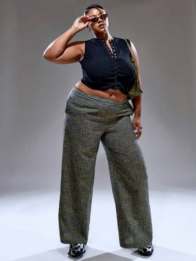 MUSERA 大码女式中腰弹力格纹阔腿裤，街头风假日90年代Y2K可爱休闲都市缪斯