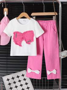 SHEIN Conjunto de 2 piezas para niñas: Camiseta de manga corta de unicolor y pantalones vaqueros estampados con mariposas y decoración de moño 3D, lindo y casual para verano, al aire libre y vacaciones para adolescentes