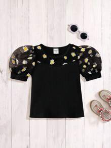 SHEIN Leap Crew Young Girl Solid Color Patchwork Ditsy Floral Mesh Puff Sleeve Fitted T-Shirt - Black - View 3