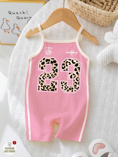 SHEIN Conjunto informal y elegante para niñas pequeñas, estilo jersey deportivo con estampado de guepardo número 24, color rosa, mono sin mangas, apto para primavera y verano