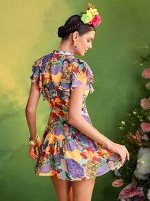 Redefinition Frida Kahlo X SHEIN X Designer Vestido corto de verano para mujeres con impresión floral, cuello anudado, volantes en mangas cortas y falda fruncida - Multicolor - Ver 2