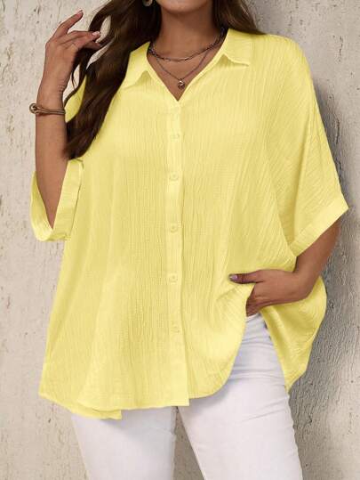 EMERY ROSE قميص كاجوال مقاس كبير بأكمام خفافيش، نسيج معنون بسيط ، صيفي