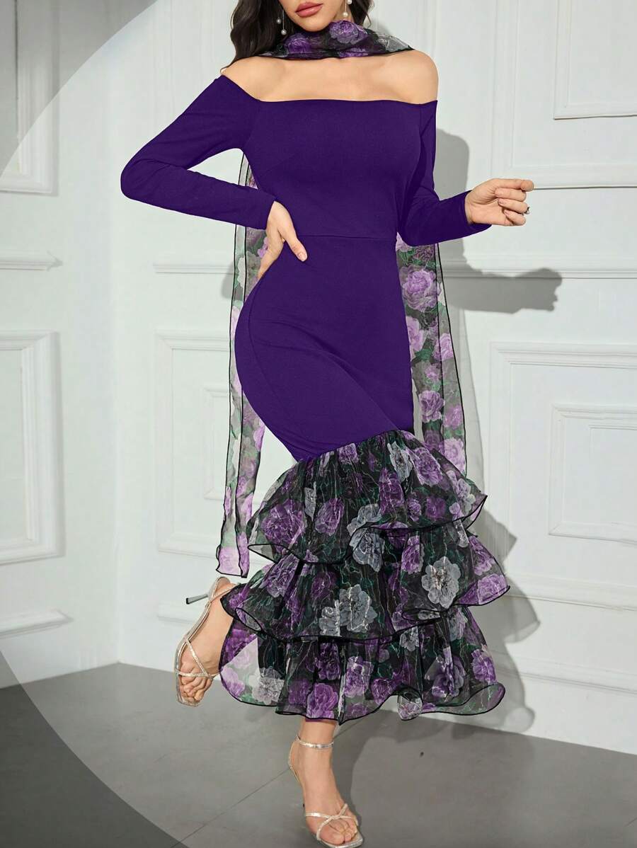 Modelyn 女式花卉拼布网眼露肩长袖修身连衣裙,配鱼尾下摆长款晚礼服 - 紫色 - 查看 1