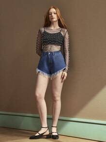 SHEIN EZwear 女士时尚流苏牛仔短裤，适合夏季 - 深色水洗藍 - 查看 6