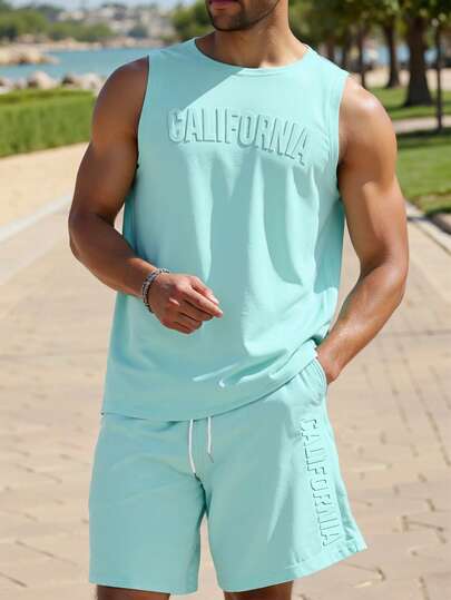 Manfinity Homme Men's Casual Sports Style Solid Color Embossed Tank Top & Drawstring Waist Shorts Set, Summer, Cozy Outfits