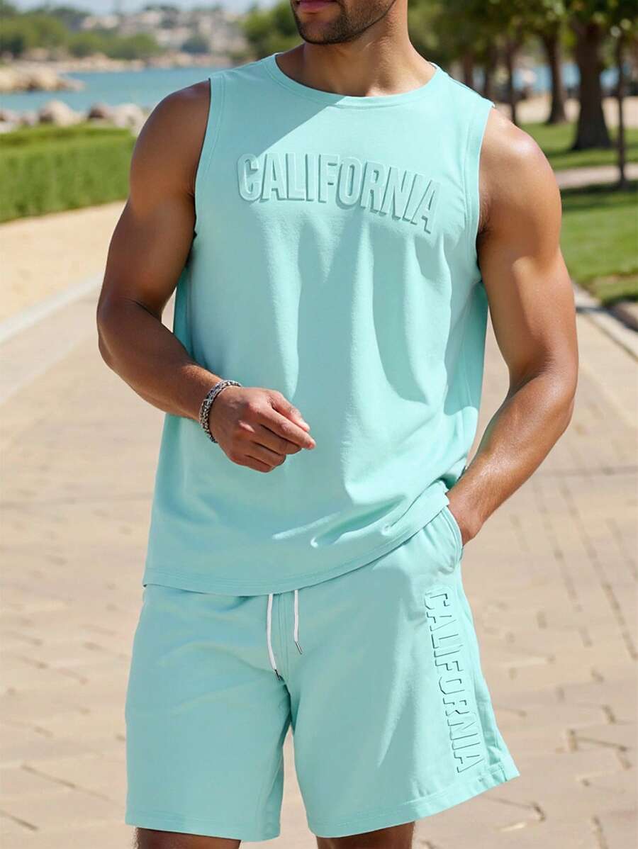 Genlund Conjunto de camiseta de tirantes con relieve de unicolor y pantalones cortos con cintura de cordón, estilo deportivo casual para hombres, verano, atuendos cómodos, vacaciones - verde menta - Ver 1