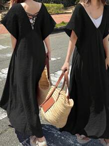 FRIFUL Women's Sleeveless A-Line Dress With Loose Shoulder Straps, Casual Chic For Spring & Summer Woman S Summer Clothes Women Summer Clothing Women Plus Sun Dress Women Plus Black Dress Work Summer Dresses