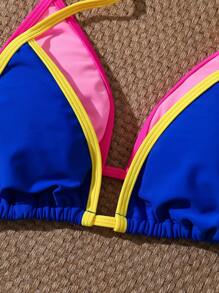 SHEIN Swim 4pcs Women's Sexy Two-Tone Halter Tie Up Bikini Set, Beach Pool Party Vacation Swimsuit, Spring/Summer - Multicolor - View 3