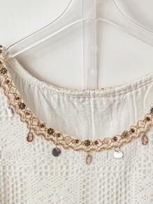 SHEIN LUNE Áo kiểu dáng thanh lịch mùa hè đi chơi vải jacquard trắng xếp chồng ruy băng sequin không tay cỡ lớn - trắng - Xem 3