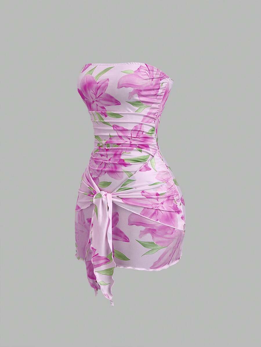 Sweetra 针织彩色花卉性感绷带紧身迷你连衣裙，适合春夏秋