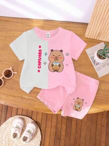 女童简约印花圆领短袖T恤短裤套装，女童夏季服装，女童套装，女童冬季套装；女童卡通印花圆领短袖休闲百搭T恤，夏季女童可爱T恤，女童服装，女童夏季T恤，女童校服，返校服装，小狗图案T恤 - 彩色 - 查看 3